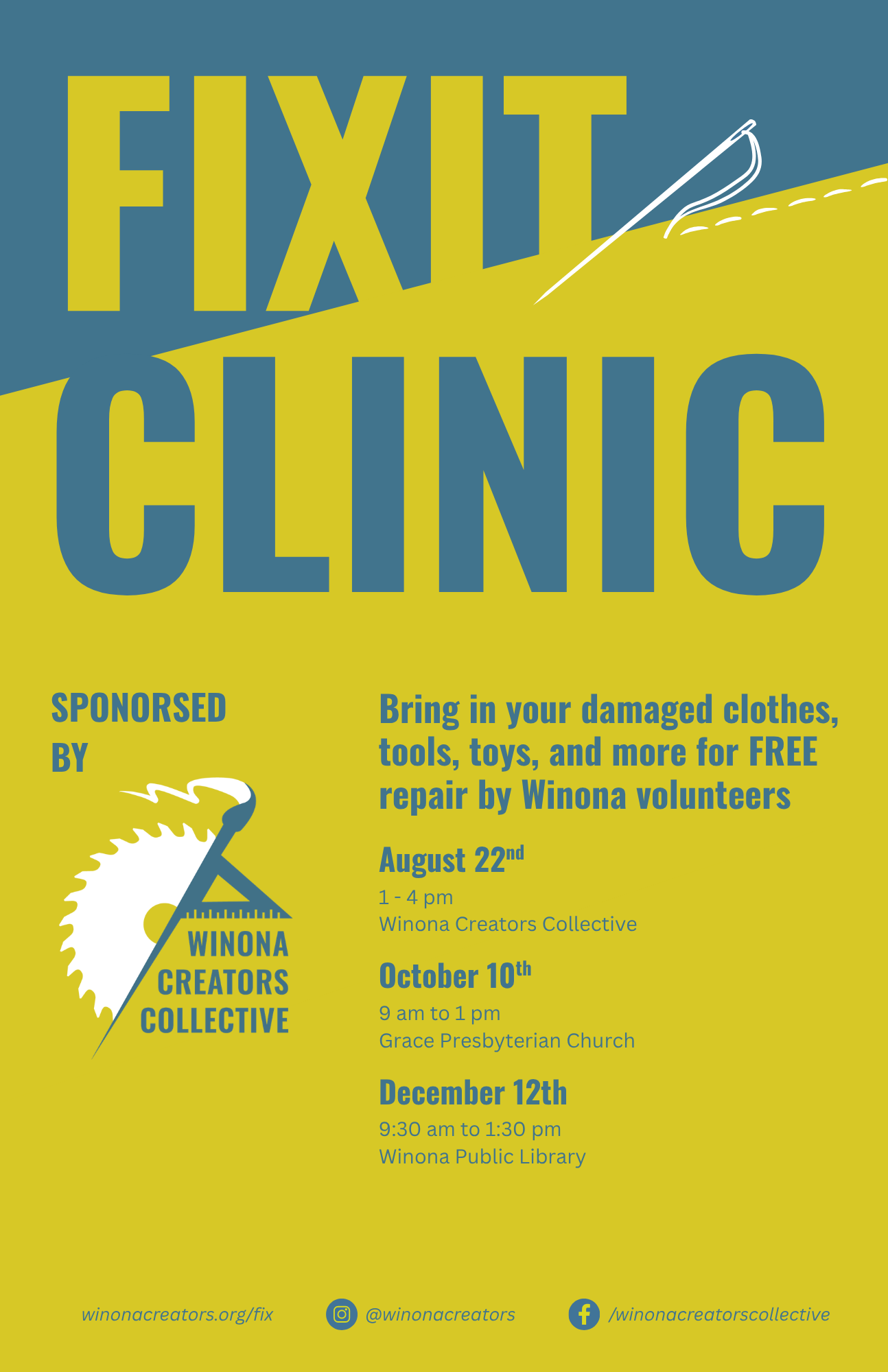 Sign for the 2026 Fixit Clinicts on August 22nd at the Winona Creators Collective, October 10th at Grace Presbyterian, and December 12th at Winona Public Library.